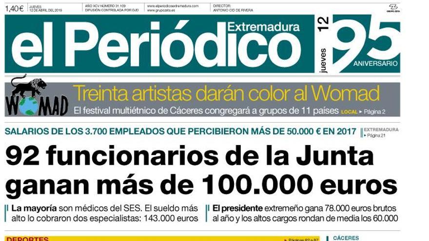 Esta es la portada de EL PERIÓDICO EXTREMADURA correspondiente al día 12 de abril del 2018