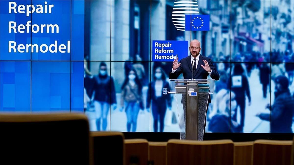 El presidente del Consejo Europeo, Charles Michel, durante la rueda de prensa que ha ofrecido este viernes para presentar su propuesta de presupuesto.