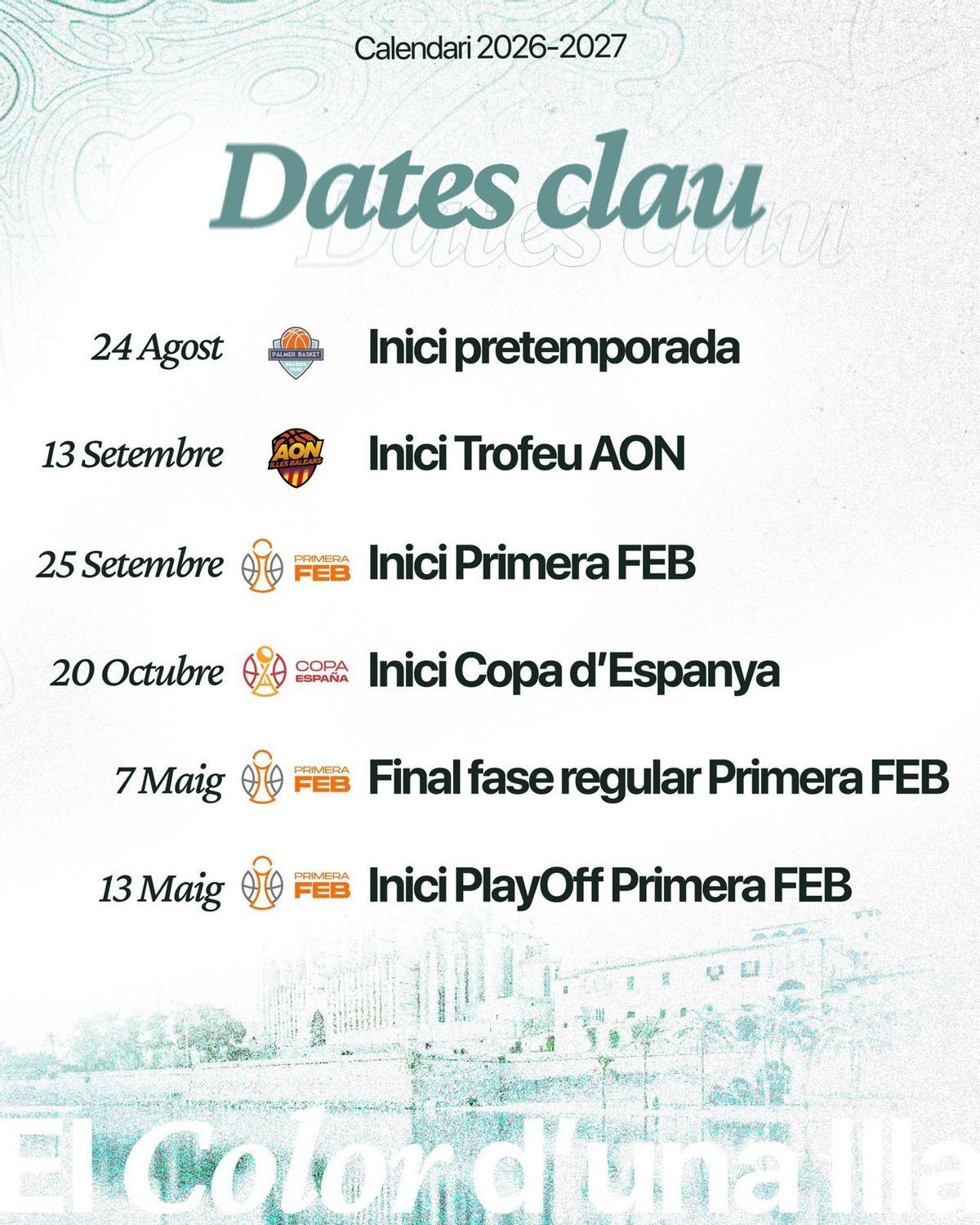 Las fechas clave de la pretemporada y la temporada del Palmer Basket.
