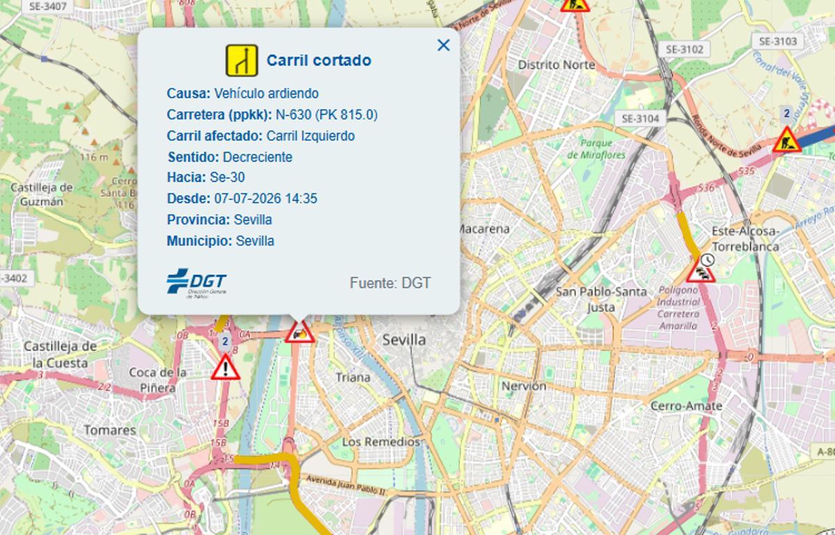 Mapa de la DGT con el detalle del incidente.