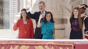 La princesa Leonor, el rey Felipe VI, la reina Letizia y la infanta Sofía, en la celebración del 10º aniversario de la proclamación del rey Felipe VI