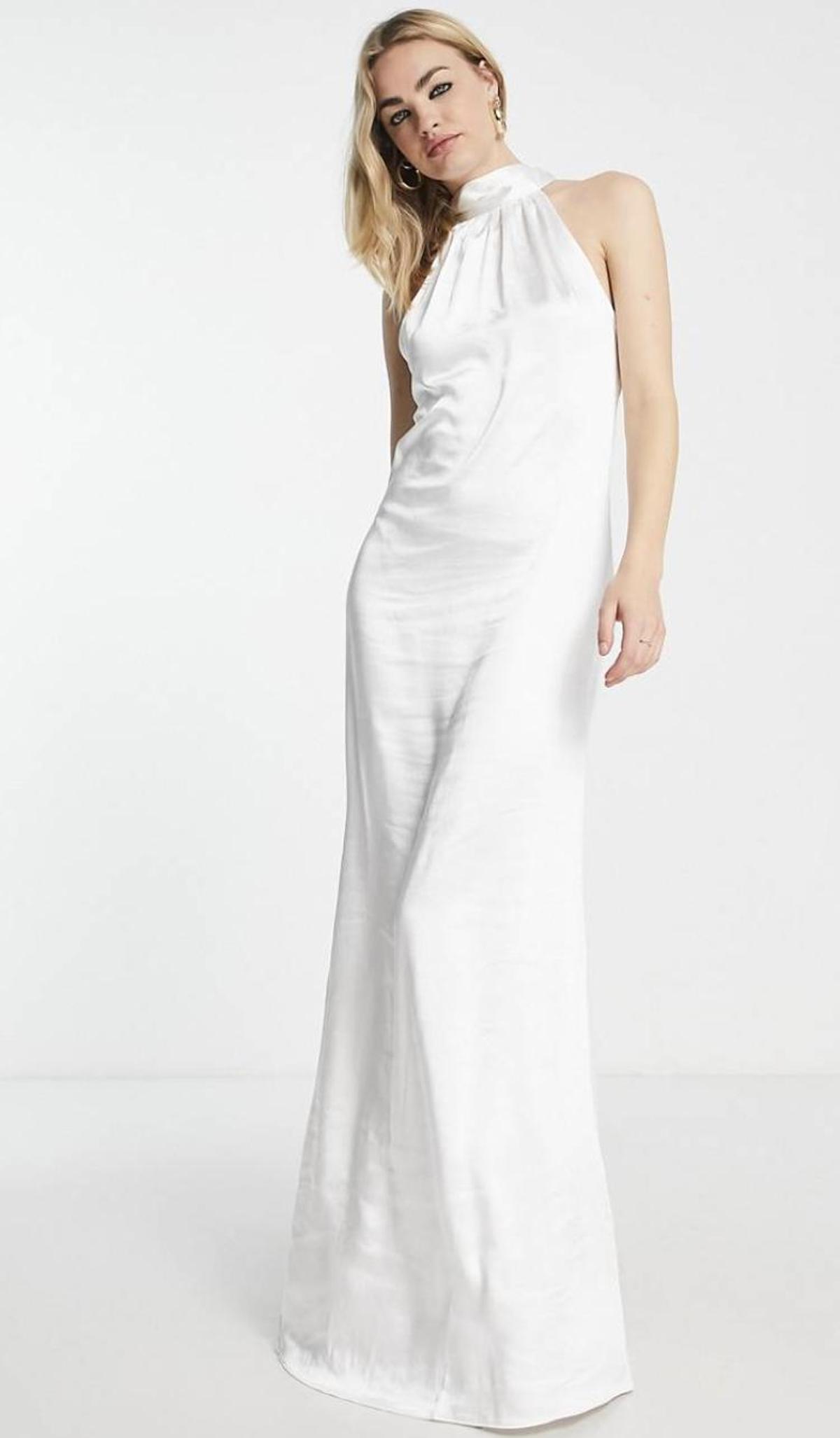 Vestido de novia largo color marfil con cuello alto de satén de Pretty Lavish