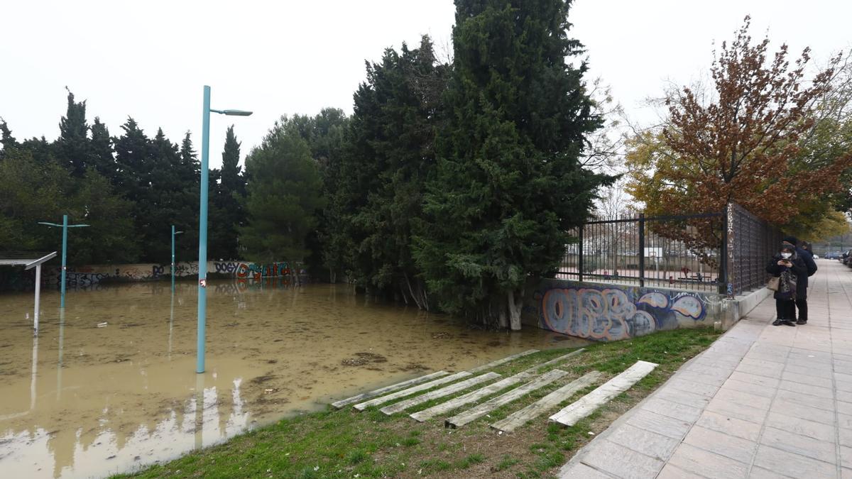 La valla que separa el colegio Jerónimo Zurita del Parque de la Cruz Roja, anegado por la crecida del Ebro.