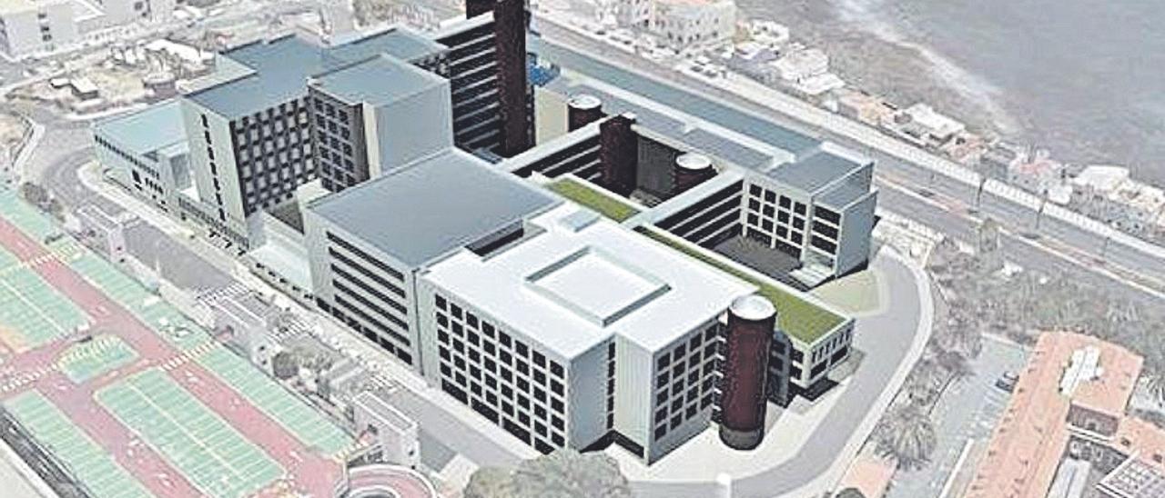 Reconstrucción del Hospital Universitario Materno Infantil de Canarias con el bloque nuevo a la derecha, en el edificio blanco.