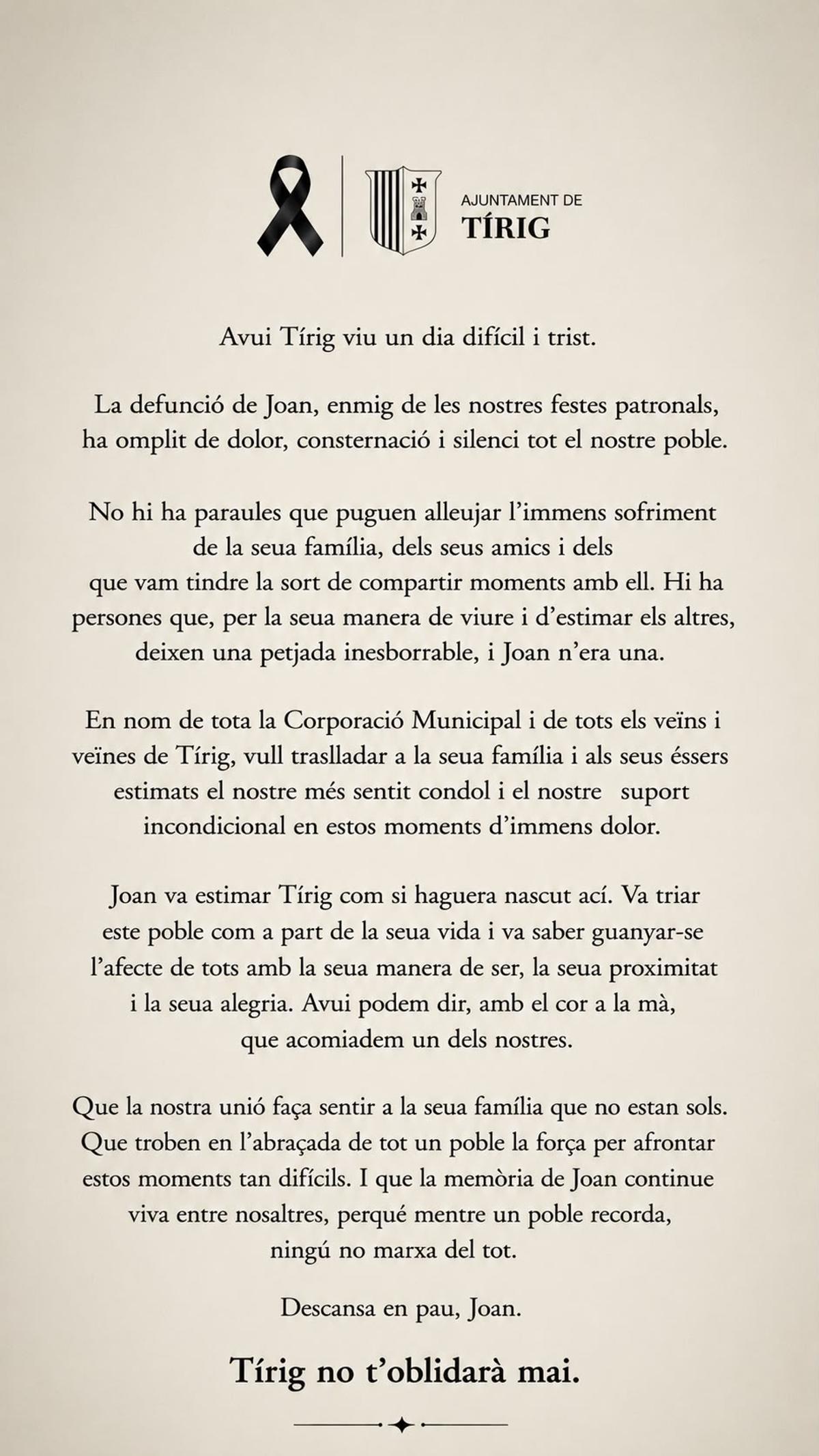 Comunicado del Ayuntamiento de Tírig.