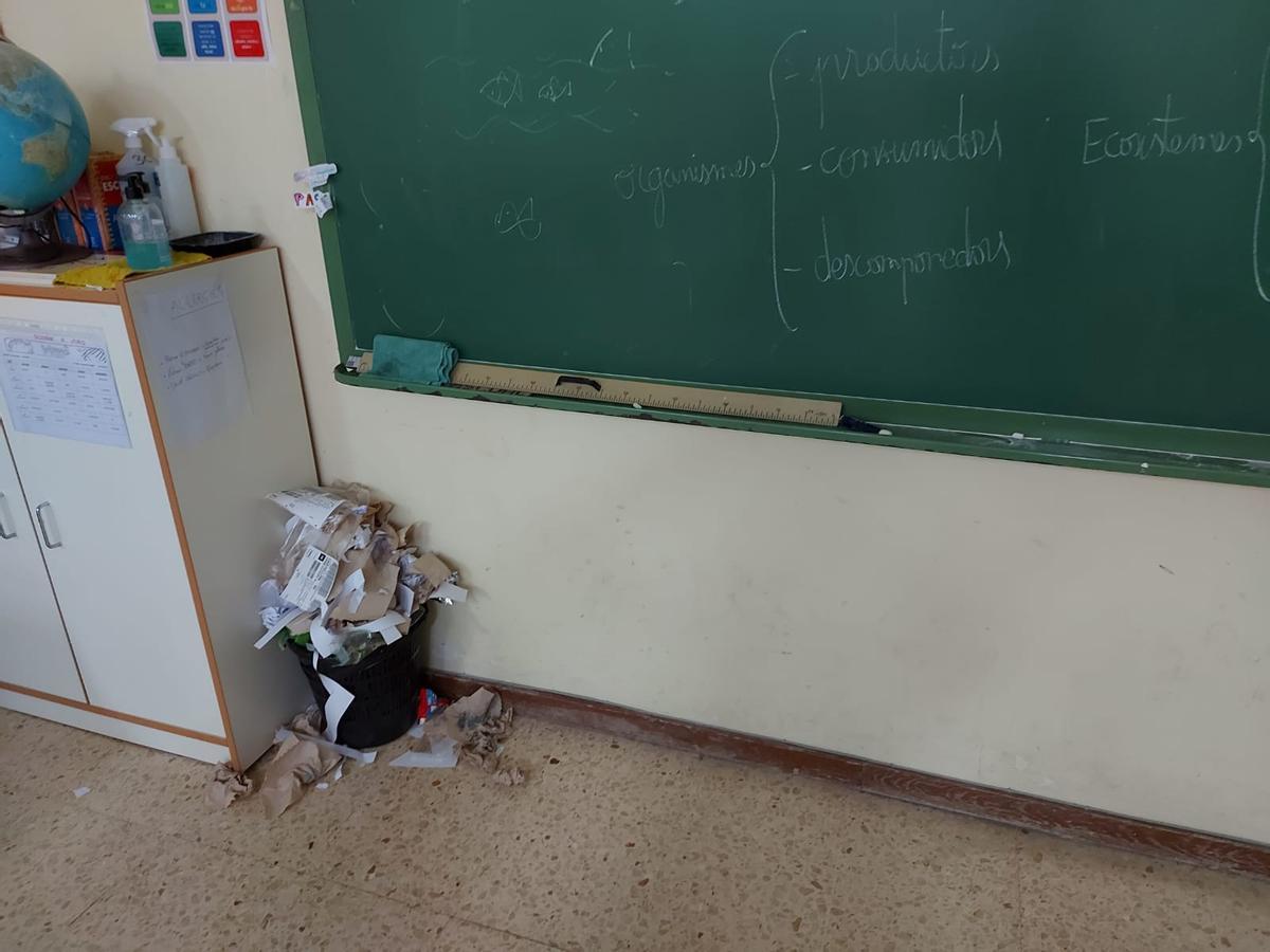 Imagen de un colegio con la papelera llena