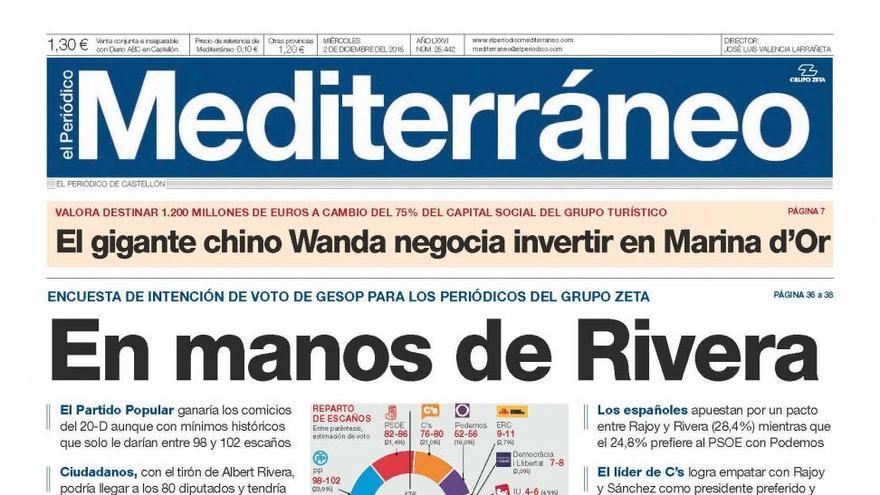 En manos de Rivera, en la portada de Mediterráneo