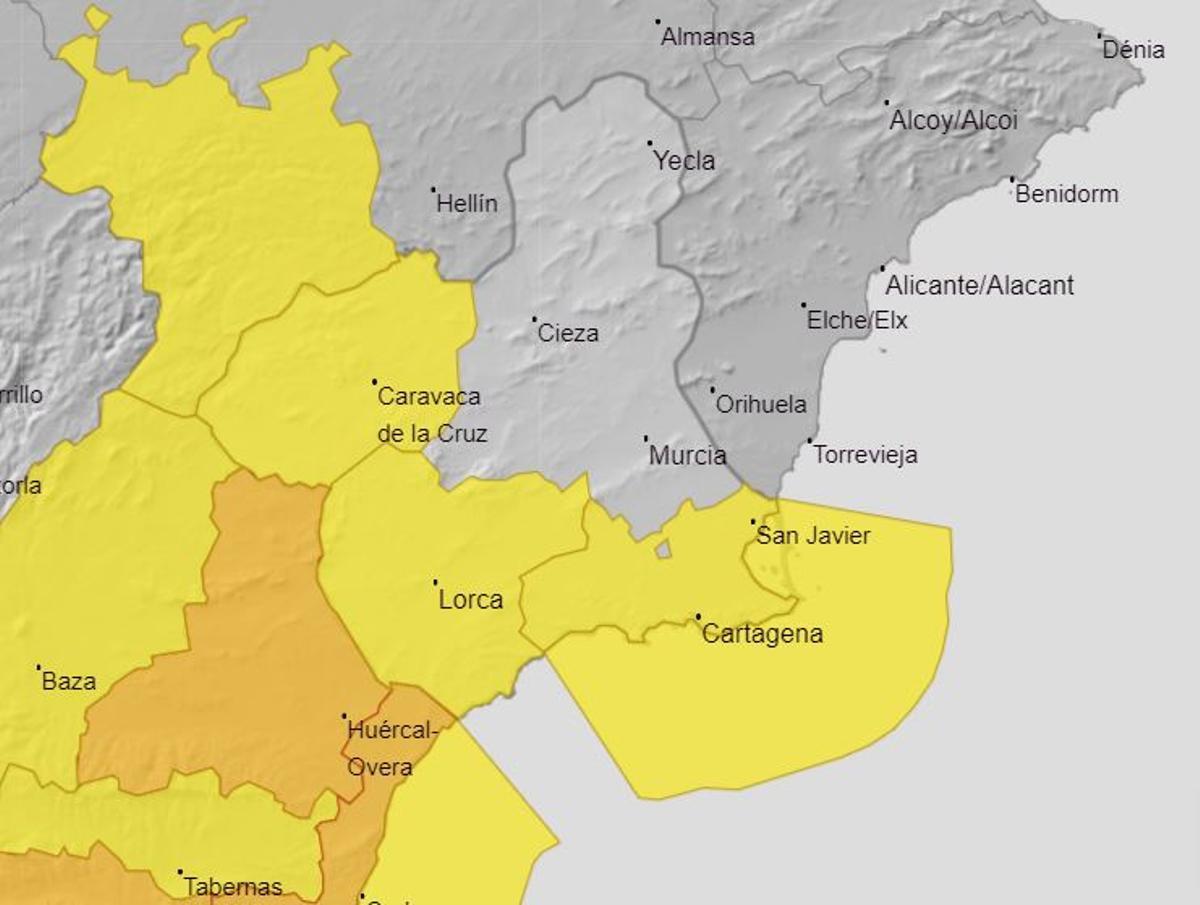 Mapa de alerta meteorológica en la Región de Murcia