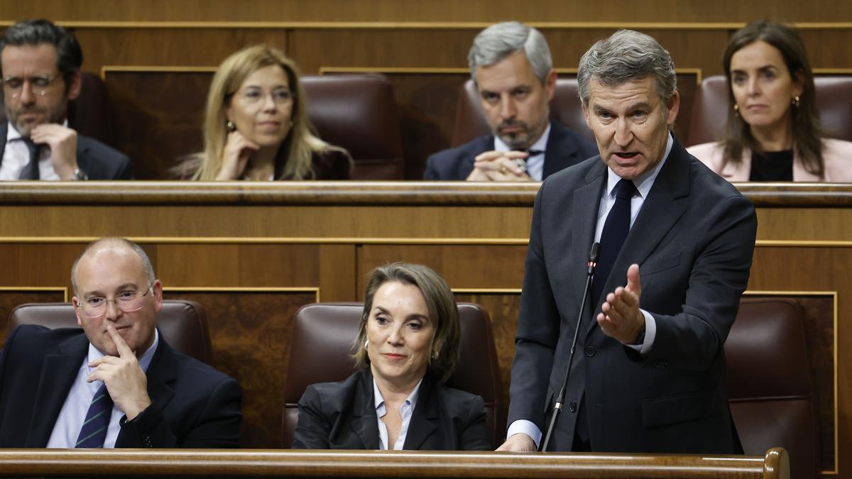 El líder del PP, Alberto Núñez Feijóo, durante su intervención en la sesión de control de este miércoles en el Congreso.