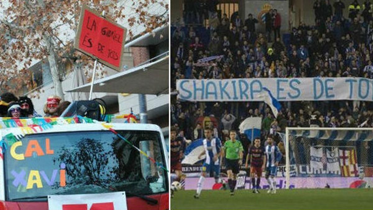 A la izquierda, la pancarta 'La Gabriel és de tots', en el carnaval de Manresa. A la derecha, la pancarta 'Shakira es de todos', en el estadio de Cornellà-El Prat.