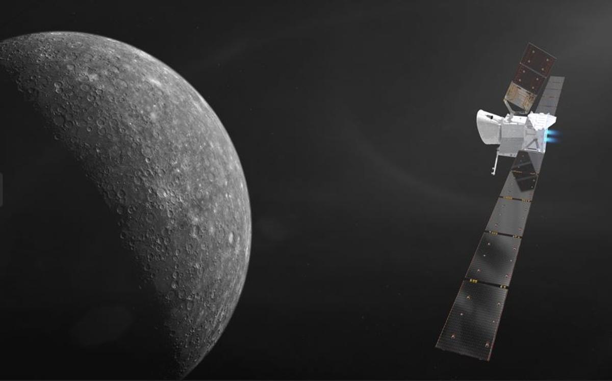 Recreacio de la nau BepiColombo aproximant-se a Mercuri
