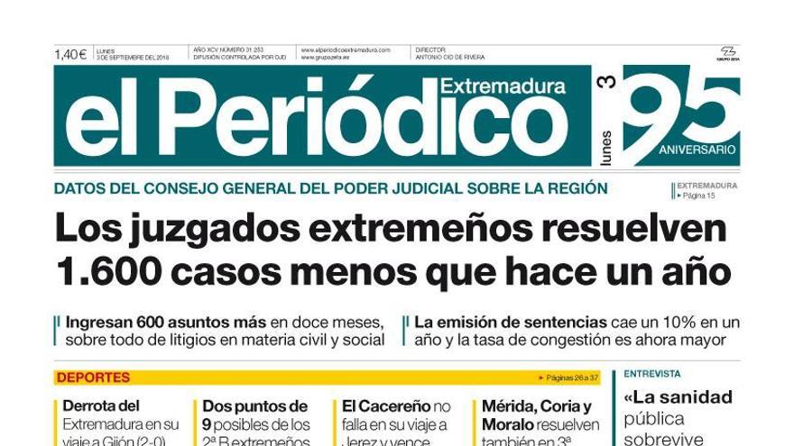 Esta es la portada de EL PERIÓDICO EXTREMADURA correspondiente al día 3 de septiembre del 2018