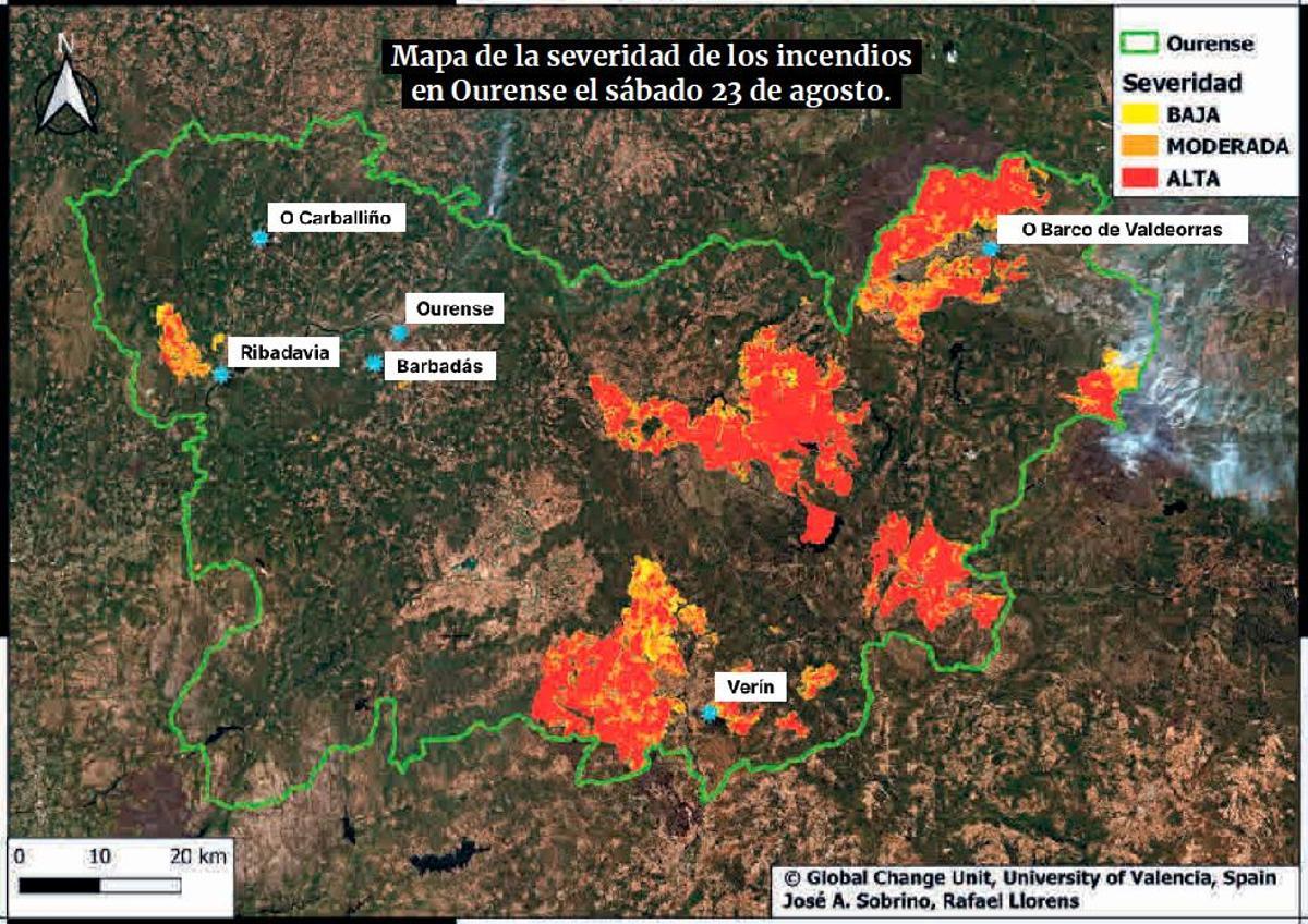 Mapa de la severidad de los incendios en Ourense el sábado 23 de agosto