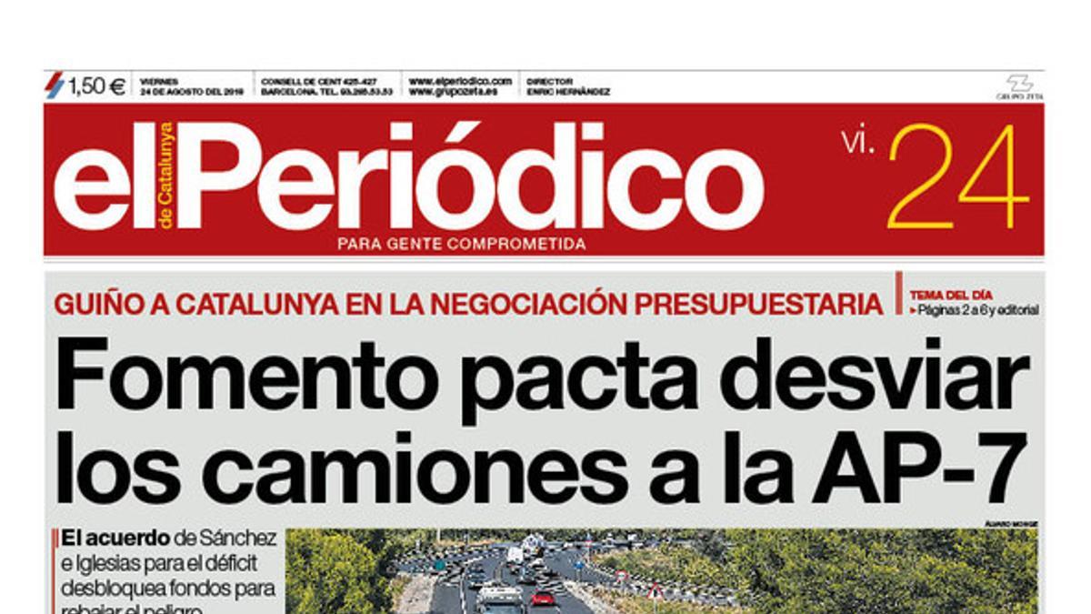 La portada de EL PERIÓDICO DE CATALUNYA del viernes, 24 de agosto del 2018