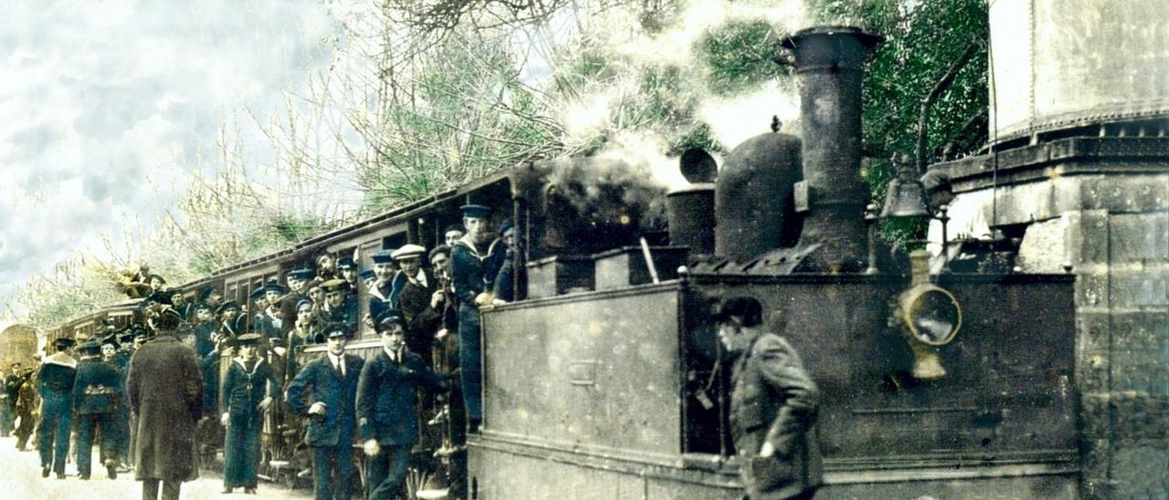 O tranvía, abarrotado de mariñeiros cara a Pontevedra 1899.