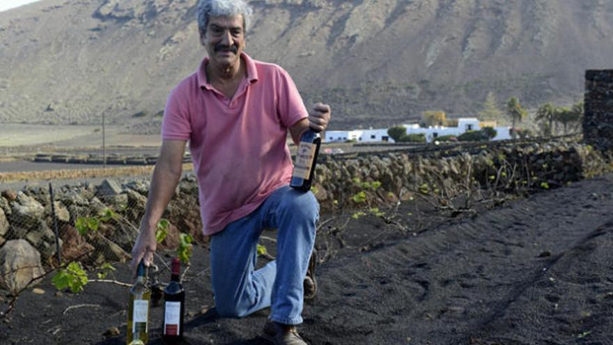 Tomás Perdomo Cabrera con los dos malvasías y el tinto que elabora, en la finca de La Meseta, con la vivienda de El Peñón al fondo. | javier fuentes