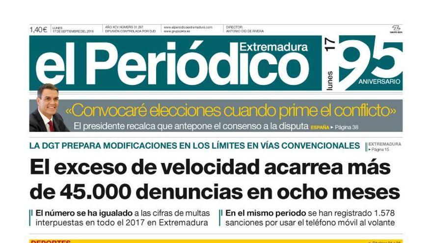 Esta es la portada de EL PERIÓDICO EXTREMADURA correspondiente al día 17 de septiembre del 2018