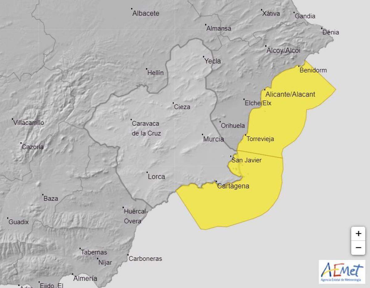 Mapa de alerta meteorológica en la costa murciana