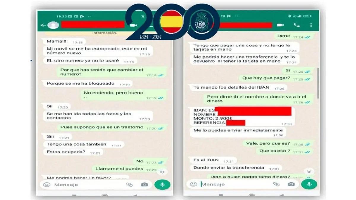Mensajes de WhatsApp con el intento de la estafa del hijo en apuros, difundidos por la Policía Nacional