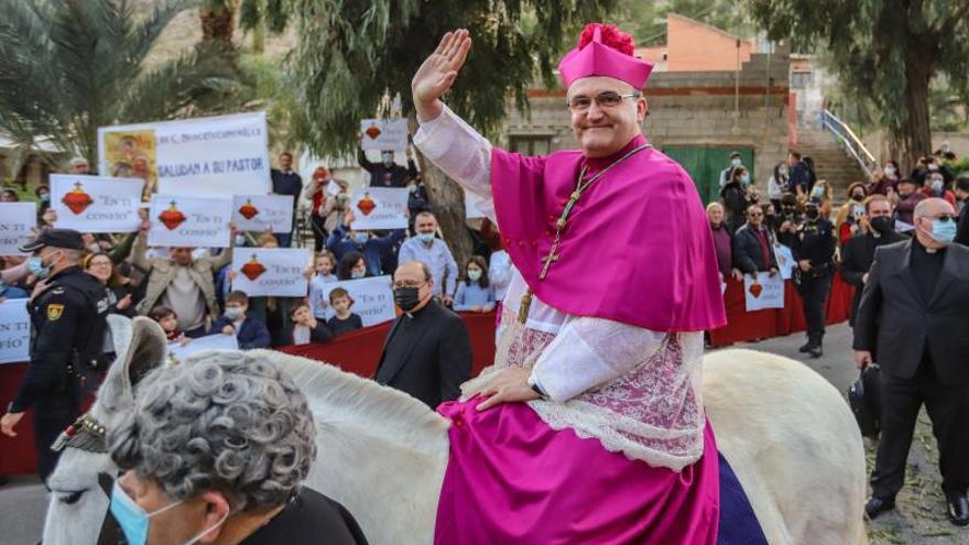 El obispo de la Diócesis Orihuela-Alicante cumpliendo con la tradición de entrar subido en una burra en Orihuela