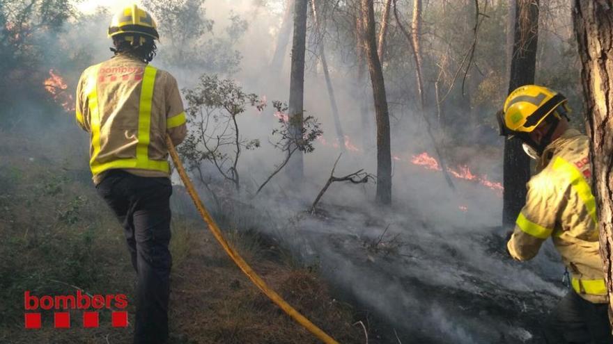 Bombers participant en l&#039;extinció de l&#039;incendi, en una zona boscosa entre Esparreguera i els Hostalets