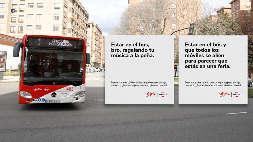 La llamativa campaña contra el ruido en los autobuses urbanos de Gijón: &quot;Estar en el bus, bro, regalando música a la peña&quot;