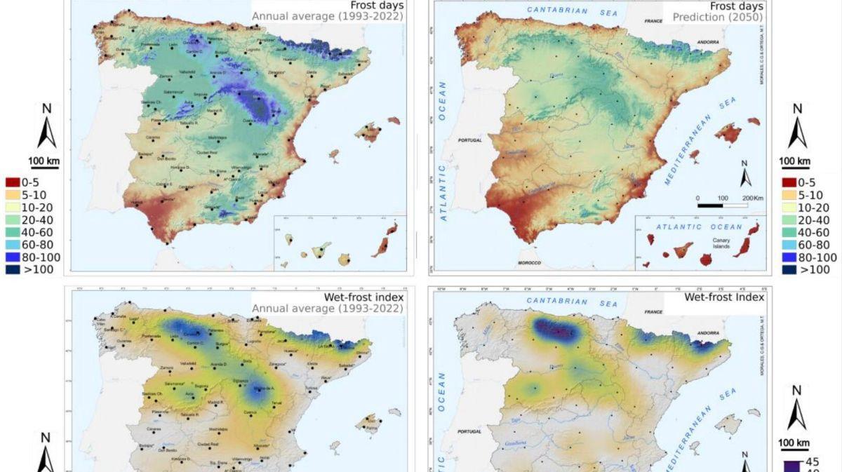 Distribución geográfica de los días de heladas y del índice de heladas húmedas para el período de estudio 1993–2022 y distribución prevista para 2050.