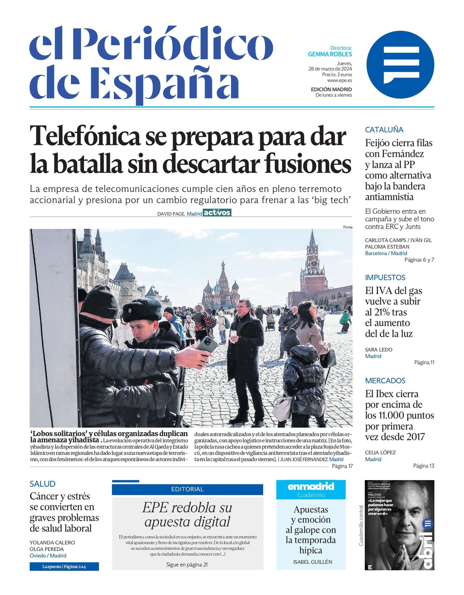 Portada de EL PERIÓDICO DE ESPAÑA del jueves 28 de marzo del 2024.