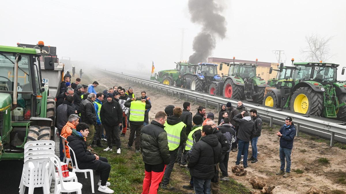 Agricultores con tractores cortan el paso en la autovia NII a su paso por Fondarella, en el Pla d'Urgell (Lleida).