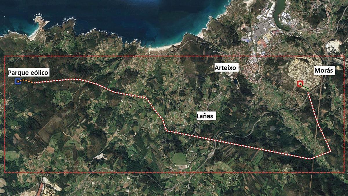 Plano con el trazado de la línea eléctrica prevista entre el parque eólico de Monteagudo y el polígono de Morás. |   // LA OPINIÓN