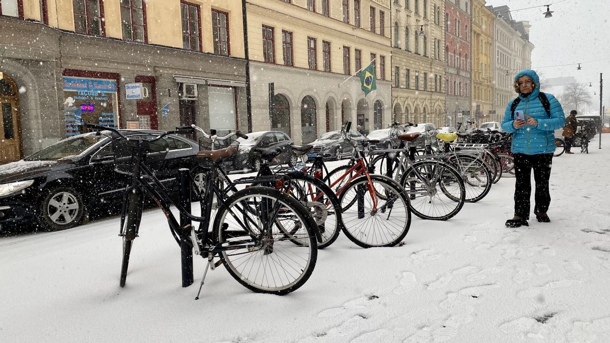 Hilera de bicicletas aparcadas en una calle de Estocolmo, a finales de marzo