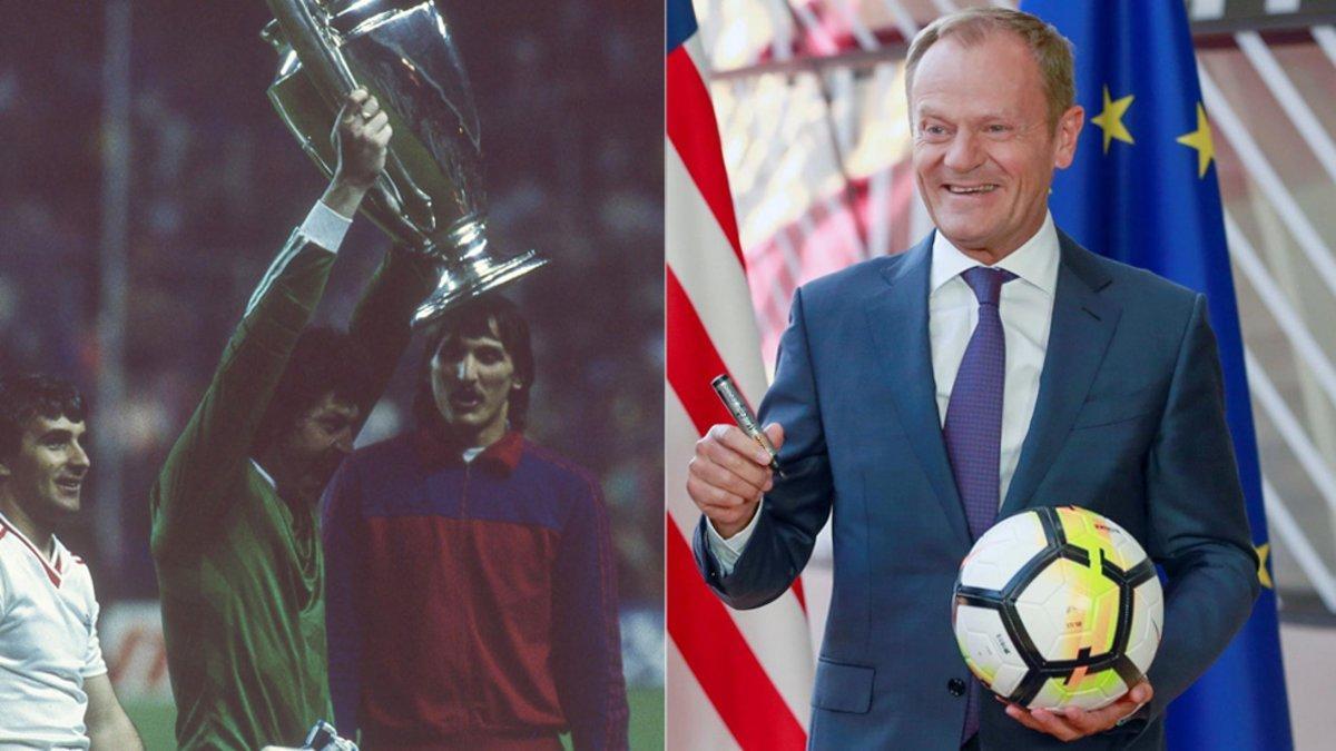 A la izquierda, Helmuth Duckadam levanta la Copa de Europa tras la final Steaua-Barça de 1986. A la derecha, Donald Tusk, presidente del Consejo Europeo