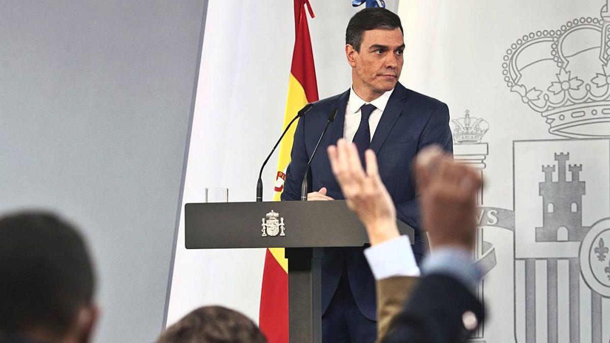 Pedro Sánchez en la seva compareixença de premsa d&#039;ahir a Madrid.