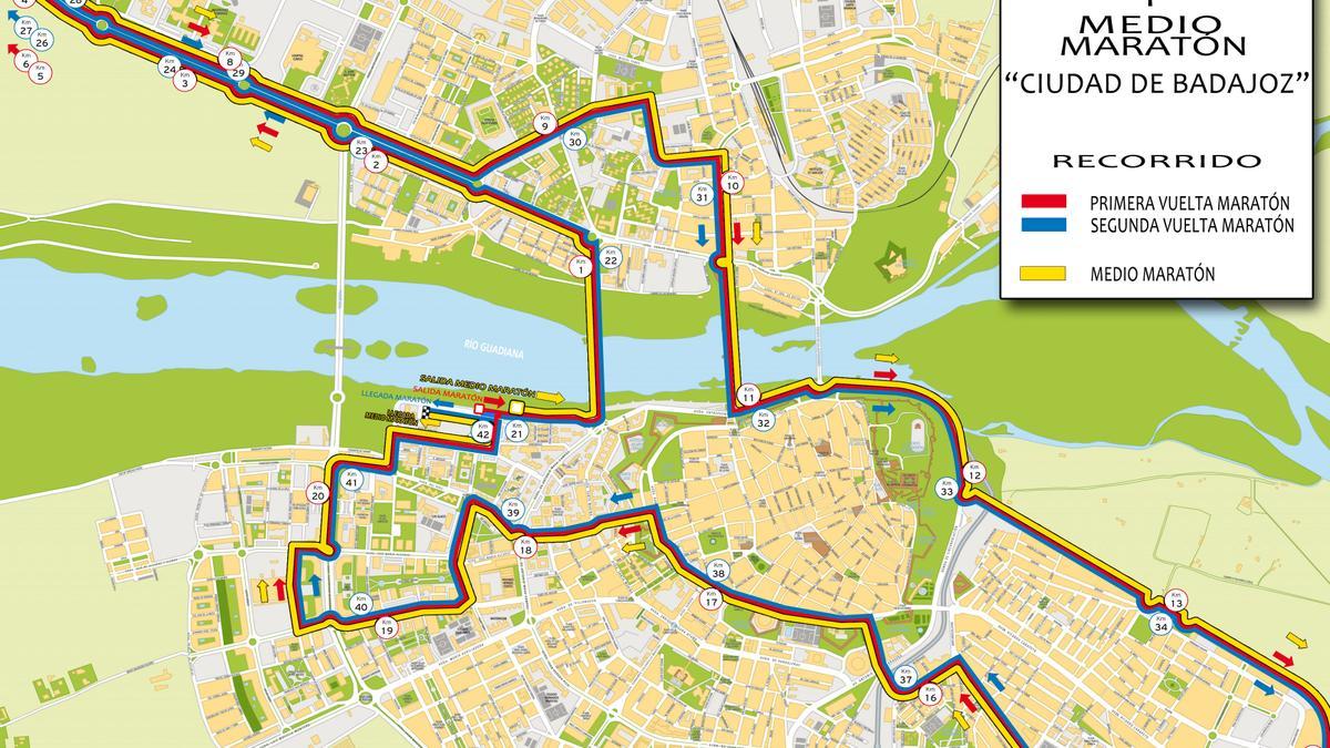 Plano con el recorrido del Maratón y Medio Maratón Ciudad de Badajoz, que se celebra este domingo.