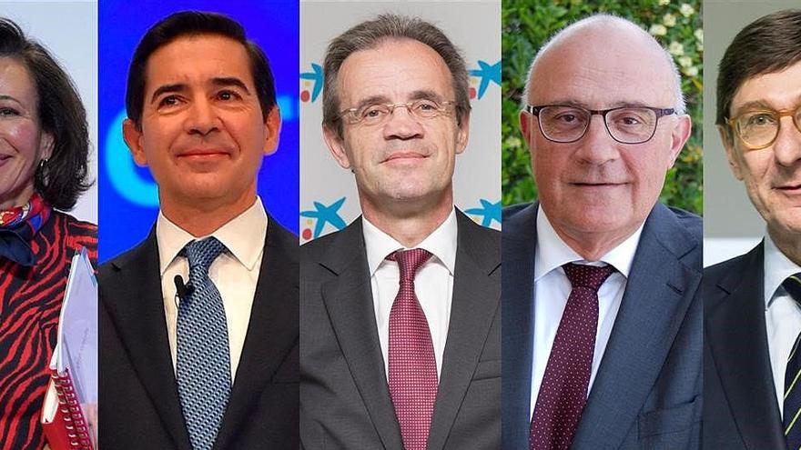 Los presidentes del Santander, Ana Botín; BBVA, Carlos Torres Vila; CaixaBank, Jordi Gual; Sabadell, Josep Oliú; y Bankia, José Ignacio Goirigolzarri.