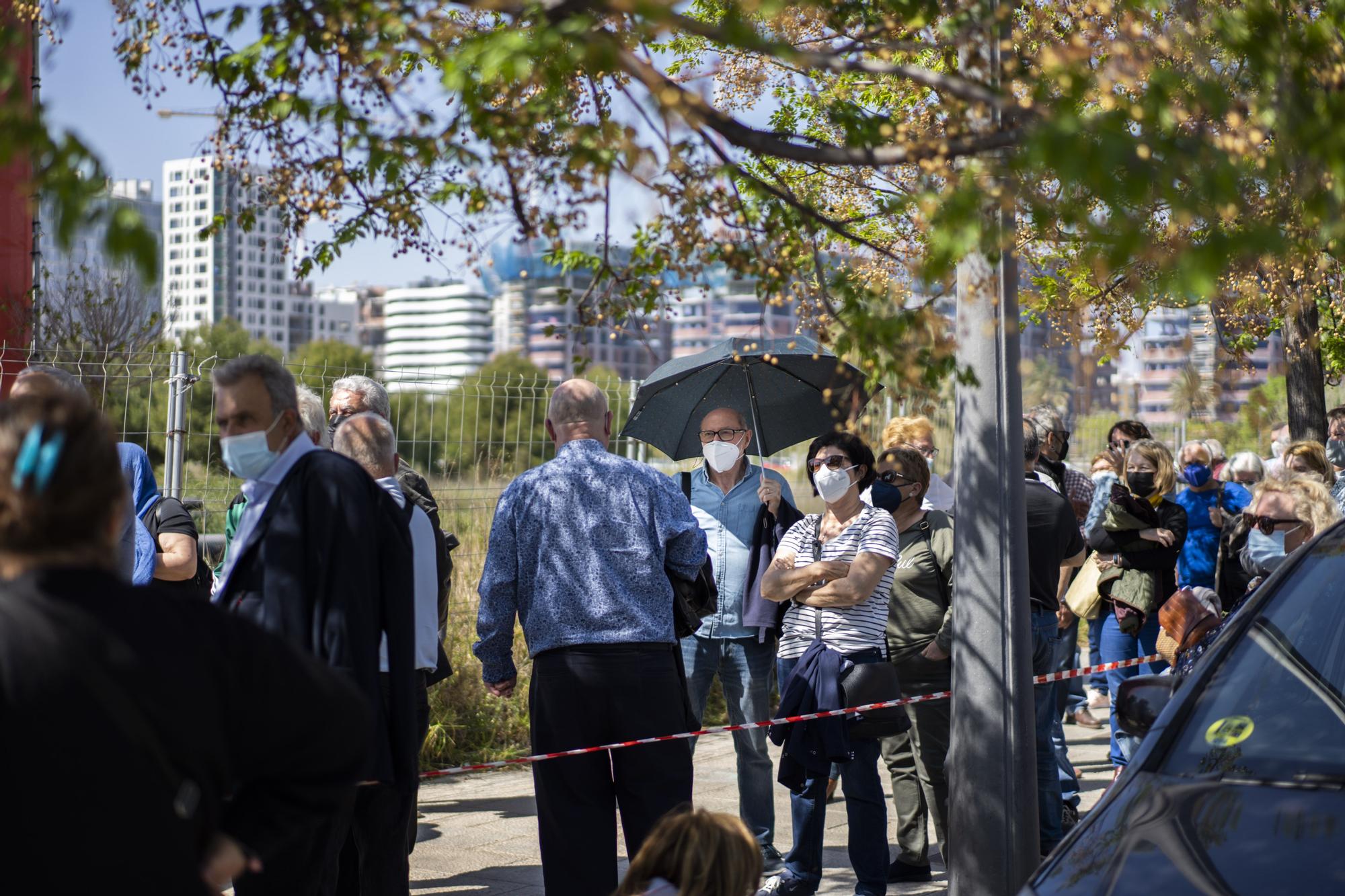 Largas colas al sol para vacunarse contra la COVID-19 en el hospital de campaña de La Fe