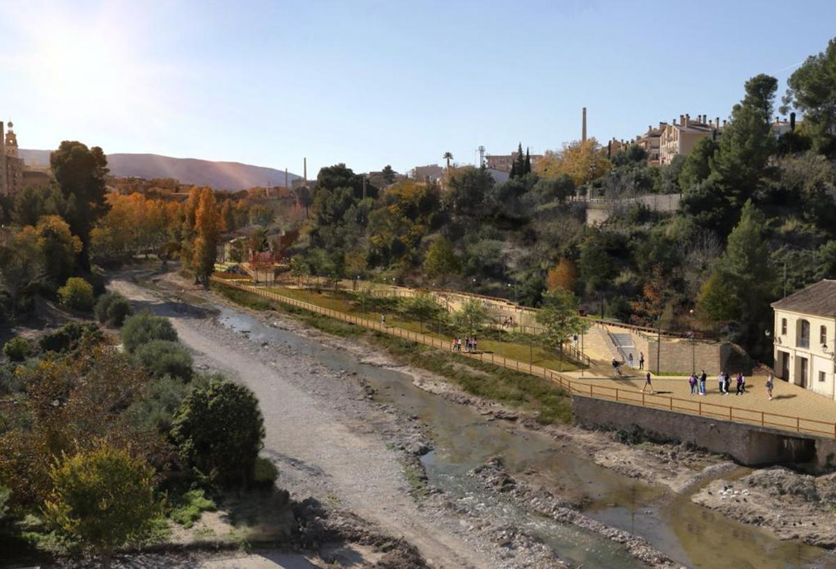 Recreación del proyecto del nuevo parque inundable deCantereria, en el margen izquierdo del Clariano en Ontinyent.