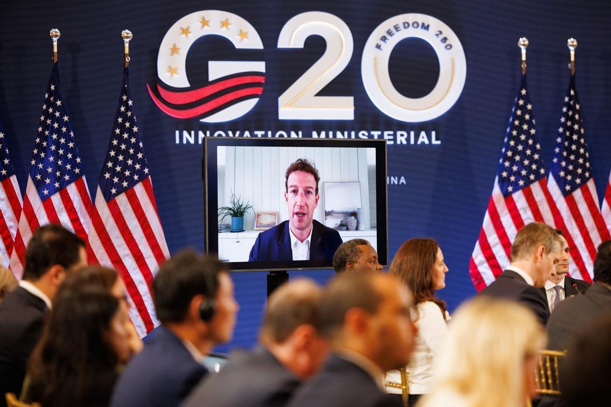 Mark Zuckerberg, chief executive officer of Meta Platforms Inc., speaks virtually during the G20 Innovation Ministerial in Chapel Hill, North Carolina, US, on Tuesday, Sept. 1, 2026. The event - organized by Office of Science and Technology Policy Director Michael Kratsios and Commerce Secretary Howard Lutnick - is part of the lead-up to the G20 summit of the world's largest economies, which will be hosted by President Donald Trump in December at his golf club in Doral, Florida. Photographer: Cornell Watson/Bloomberg