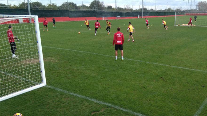 Los jugadores del Mallorca, durante la sesión de entrenamiento de hoy