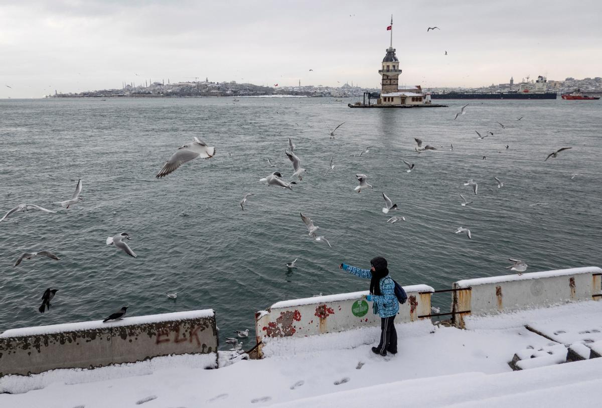 Una mujer da de comer a las palomas cerca del Bósforo, frente a la torre de Gálata, en Estambul.