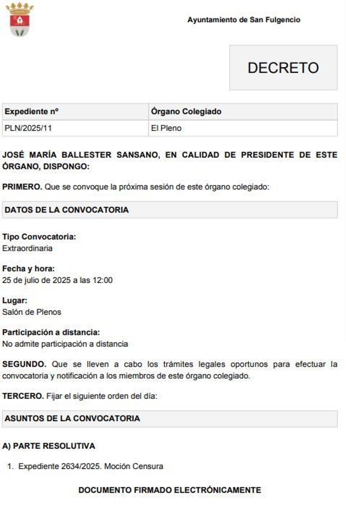 Edicto del alcalde José María Ballester (PP) convocando el pleno de moción de censura del PSOE con el edil no adscrito
