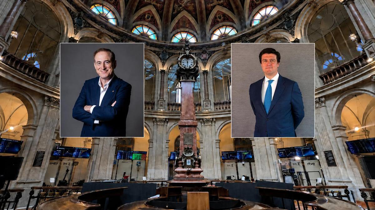 Antonio Huertas e Ismael Clemente, en dos imágenes sobre el parqué de la Bolsa de Madrid.