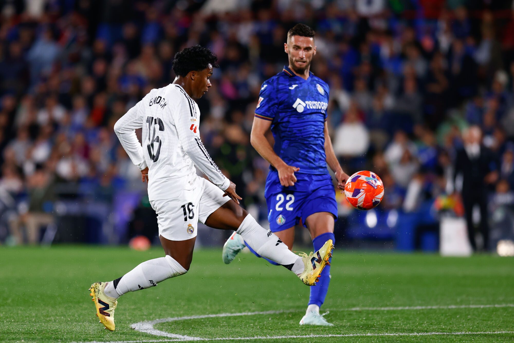 Endrick Felipe of Real Madrid in action during the Spanish League, LaLiga EA Sports, football match played between Getafe CF and Real Madrid at Coliseum de Getafe stadium on April 23, 2025, in Getafe, Spain. AFP7 23/04/2025 ONLY FOR USE IN SPAIN. Dennis Agyeman / AFP7 / Europa Press;2025;SOCCER;SPAIN;SPORT;ZSOCCER;ZSPORT;Getafe CF v Real Madrid - LaLiga EA Sports;