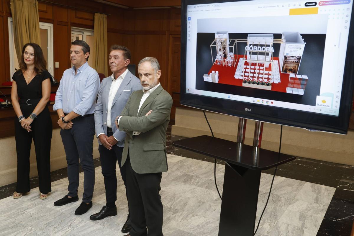 A.J.González Córdoba José María Bellido, junto a la delegada de Economía y Hacienda y presidenta del IMDEEC, Blanca Torrent; la delegada territorial de Empleo, Empresa y Trabajo Autónomo de la Junta de Andalucía en Córdoba, Marina Montes; el presidente de la Asociación Provincial de Joyeros, Plateros y Relojeros de Córdoba, Isidoro García Escribano; y el presidente del Parque Joyero de Córdoba, Rafael Ruiz; presenta el proyecto de estand del Ayuntamiento de Córdoba en la feria internacional Madridjoya
