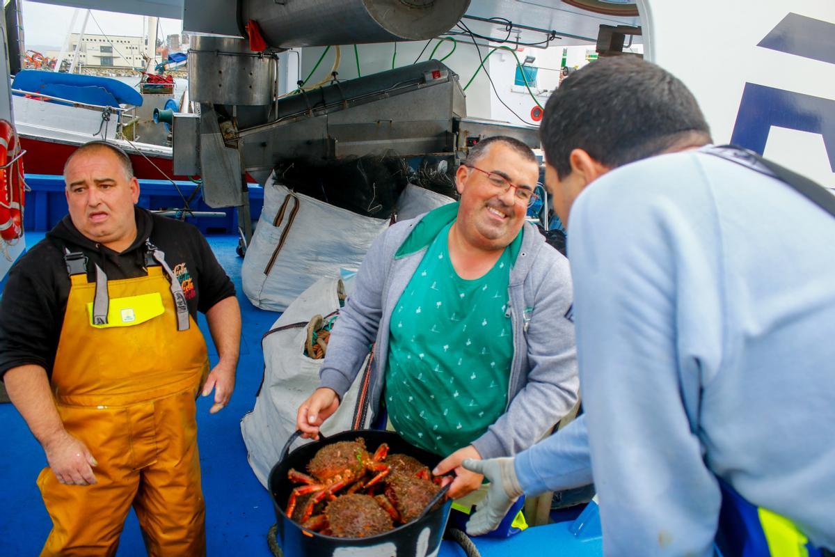 Descargas de centollo en el puerto de O Grove.