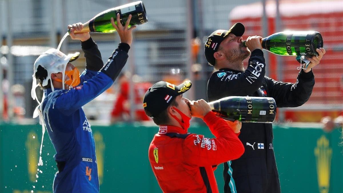 Bottas, Leclerc y Norris celebran el primer podio de la temporada