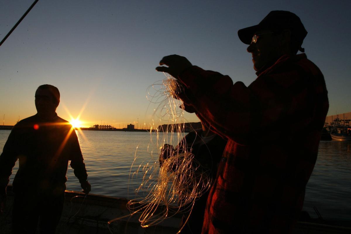 Unos pescadores de la flota de cerco en el puerto de Barbate (Cádiz) preparan las redes para salir a faenar por la noche.