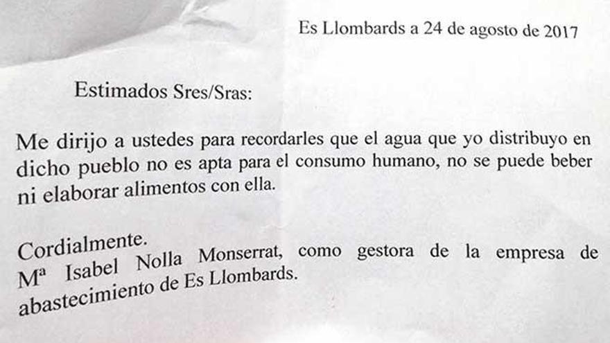 Polémica nota que han recibido los residentes de es Llombards (unos 600 habitantes empadronados).