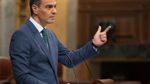 El presidente del Gobierno, Pedro Sánchez, comparece durante una sesión extraordinaria en el Congreso de los Diputados, a 17 de julio de 2024, en Madrid (España). Pedro Sánchez presenta hoy las líneas fundamentales del Plan de Acción por la Democracia, ta