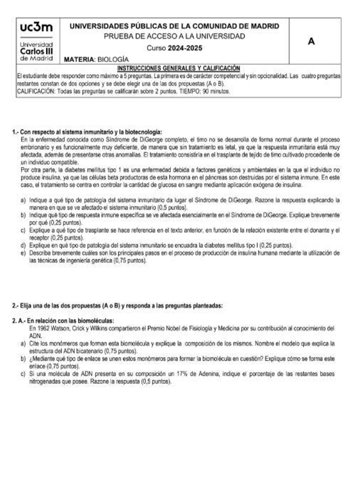 Examen de Biología de la PAU de julio de Madrid